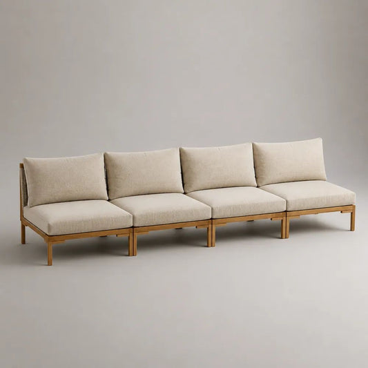 Divano modulare da esterno a 4 posti in legno massello e corda con cuscini beige, 300 x 80 x 78 cm