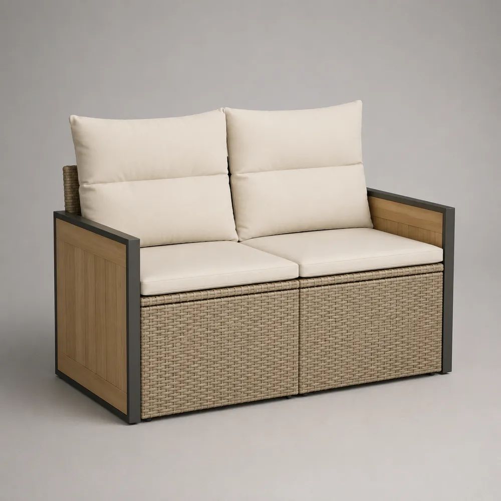 Divano da giardino rettangolare a 2 posti in rattan PE, acciaio e legno, beige, crema, nero e marrone naturale, 124 x 74 x 87 cm