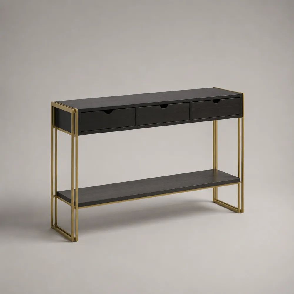 Consolle rettangolare in MDF e acciaio con 3 cassetti e ripiano, Nero/Oro, 120 x 35 x 80 cm