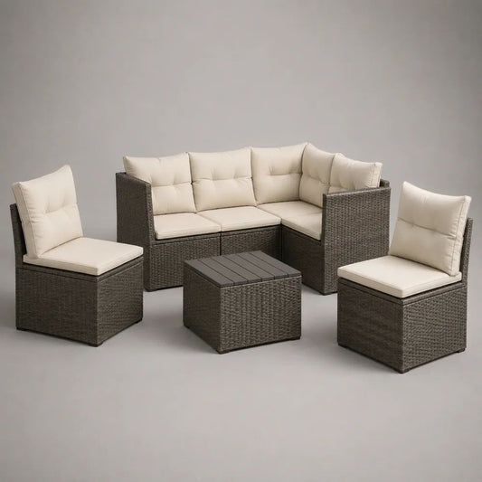 Set da giardino per esterno 6 pezzi in rattan PE marrone scuro e crema, divano angolare 190 x 190 x 73 cm, 2 poltrone 64 x 66 x 78 cm e tavolino 65 x 65 x 36 cm