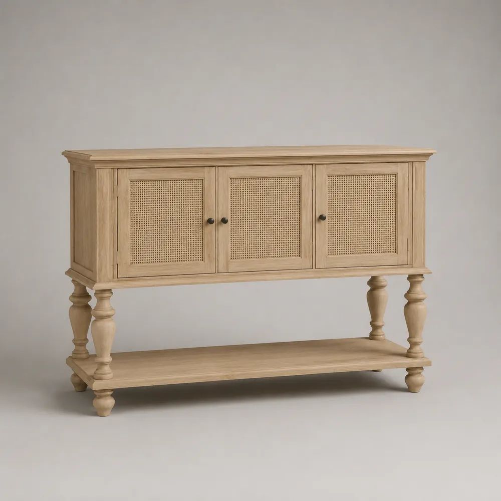 Consolle rettangolare con contenitore a 3 ante in legno e rattan, beige naturale e nero, 120 x 40 x 100 cm