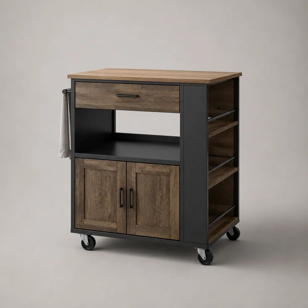 Carrello da cucina rettangolare in pannello melaminico e acciaio nero e marrone con cassetto, armadietto, ripiani e ruote, 90 x 45 x 90 cm