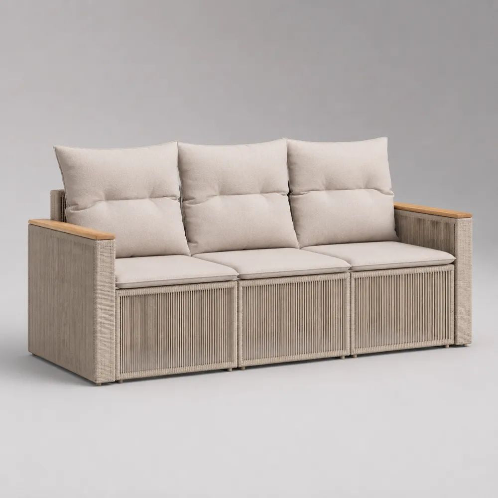 Divano da giardino rettangolare a 3 posti in alluminio e corda di polipropilene beige e marrone naturale con cuscini, 202 x 80 x 88 cm