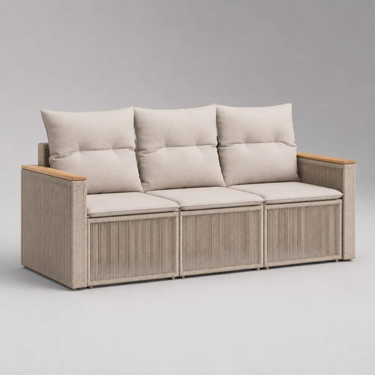 Divano da giardino rettangolare a 3 posti in alluminio e corda di polipropilene beige e marrone naturale con cuscini, 202 x 80 x 88 cm
