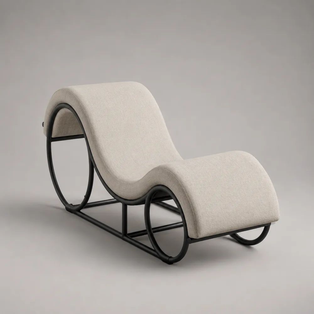 Chaise longue a dondolo monoposto in tessuto e acciaio, 150 x 65 x 90 cm, bianco crema e nero