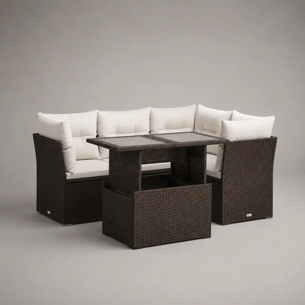 Salotto da giardino 6 pezzi in rattan PE marrone scuro con divano angolare a 5 posti, tavolo rettangolare e 2 pouf, 238 x 178 x 74 cm