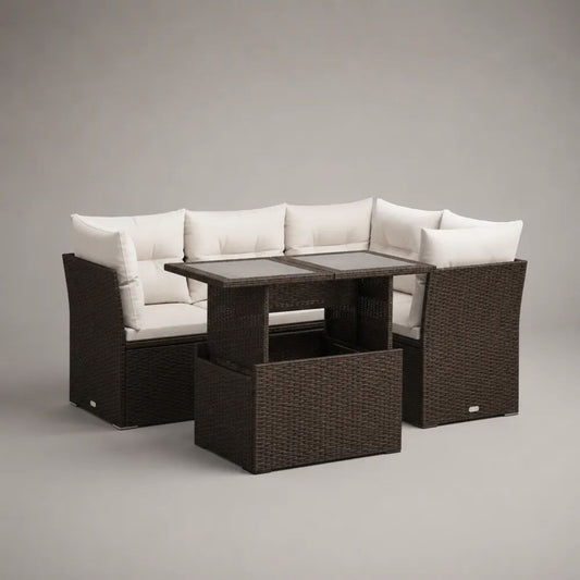 Salotto da giardino 6 pezzi in rattan PE marrone scuro con divano angolare a 5 posti, tavolo rettangolare e 2 pouf, 238 x 178 x 74 cm