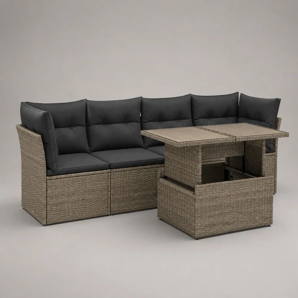 Set divano angolare da giardino 7 posti in polyrattan PE con tavolo e 2 pouf, 191 ¡Á 191 ¡Á 74 cm, talpa e antracite