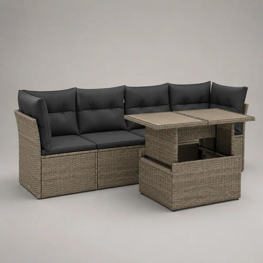 Set divano angolare da giardino 7 posti in polyrattan PE con tavolo e 2 pouf, 191 ¡Á 191 ¡Á 74 cm, talpa e antracite