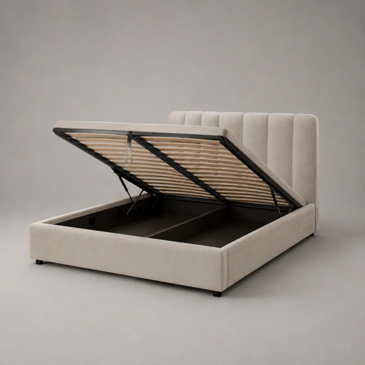 Letto matrimoniale contenitore 160 x 200 cm in poliestere beige con rete a doghe e testiera imbottita