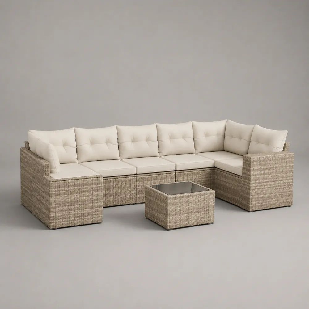 Set divano da giardino a U 7 posti in polyrattan PE beige con cuscini crema e tavolino, 280 ¡Á 210 ¡Á 72 cm