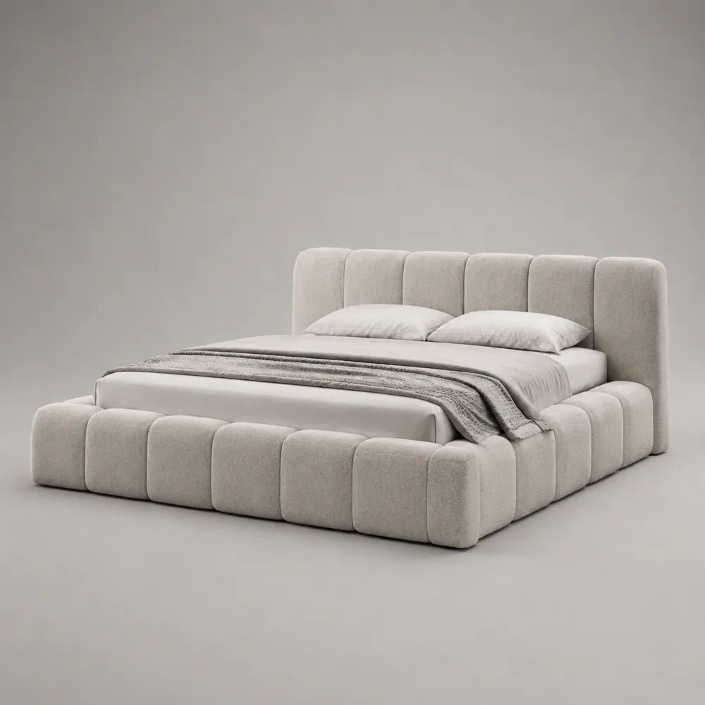 Letto matrimoniale contenitore imbottito in tessuto beige chiaro, 195 x 225 x 112 cm, per materasso 160 x 200 cm