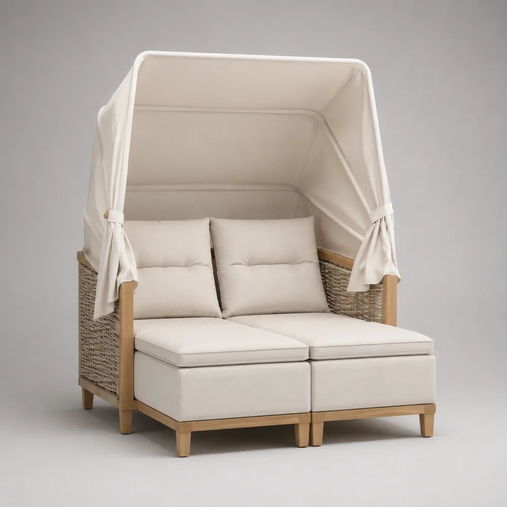 Set divano modulare da esterno a 2 posti con tettuccio in legno, rattan PE e tessuto beige, 145 x 82 x 175 cm