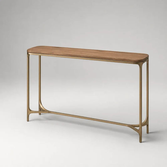 Consolle rettangolare in legno e acciaio, Noce/Bronzo, 120 ¡Á 35 ¡Á 80 cm