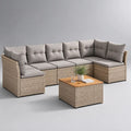 Set divano angolare da giardino 7 pezzi in rattan PE con cuscini grigi e tavolino, 345 x 150 x 74 cm