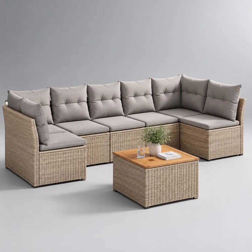 Set divano angolare da giardino 7 pezzi in rattan PE con cuscini grigi e tavolino, 345 x 150 x 74 cm